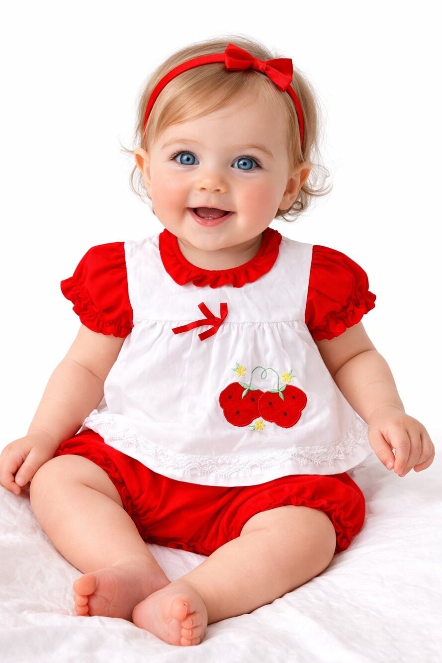 Vintage 1990s Cherry Embroidered Baby Outfit Bloomer Set 6–9M